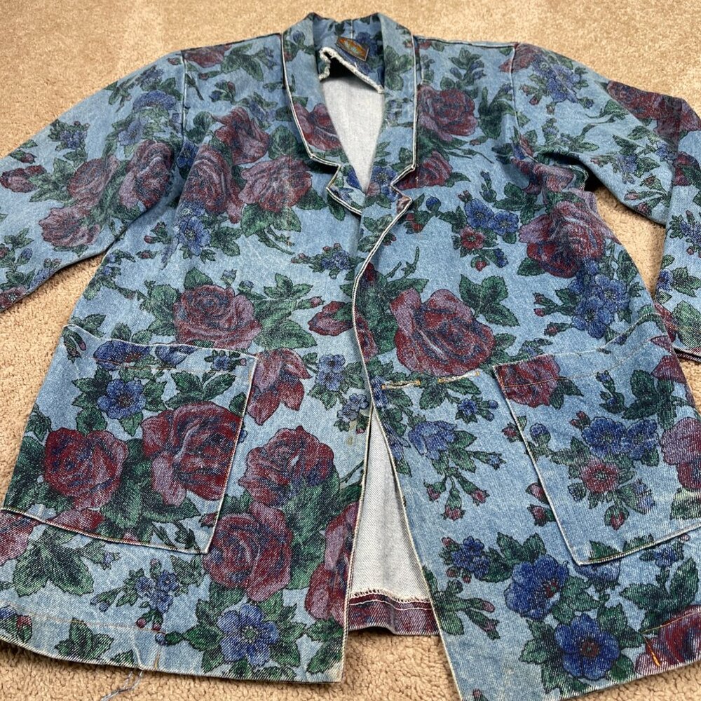 JOUJOU Blazer Womens S Blue Denim Floral Vintage 80s Oversized Boxy Long Jacket - Picture 2 of 13